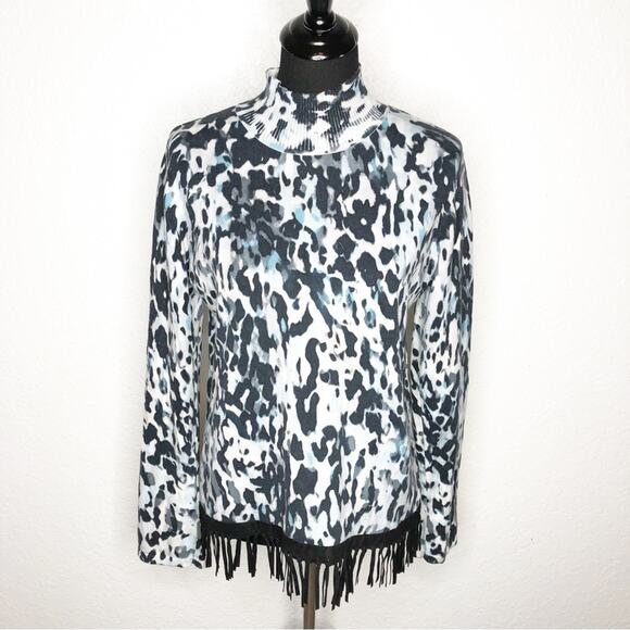 Tyler Boe white black blue fringe trim animal print sweater size Medium - Picture 1 of 13